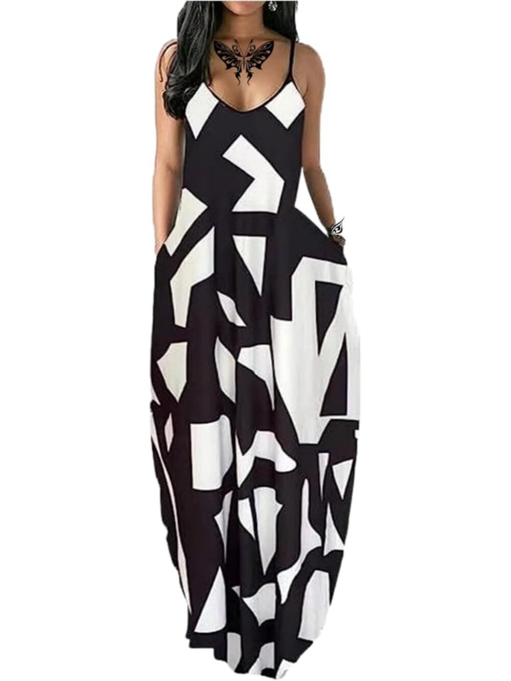 〽️Black White Boho Maxi Dress Women's Smocked Tiered Flowy Summer Beach Dress